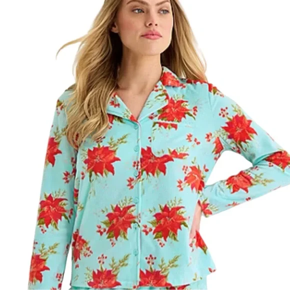 ADONNA Aqua Poinsettia Pajama Set in Aqua/Red Size Large -- NWOT - Picture 3 of 5